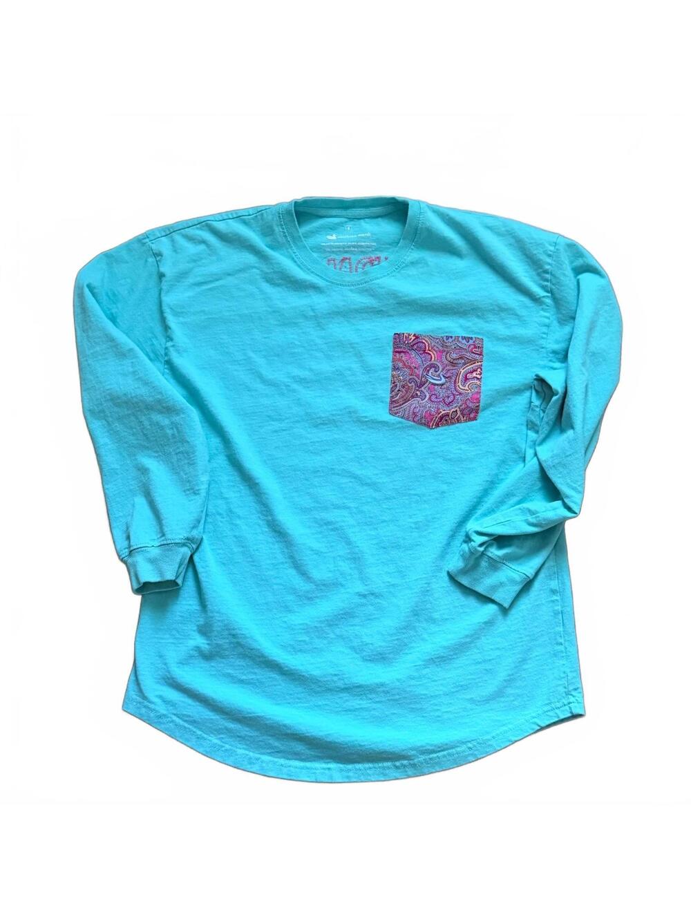 Southern Marsh Turquoise Long Sleeve Shirt with Paisley Pocket and Back Print